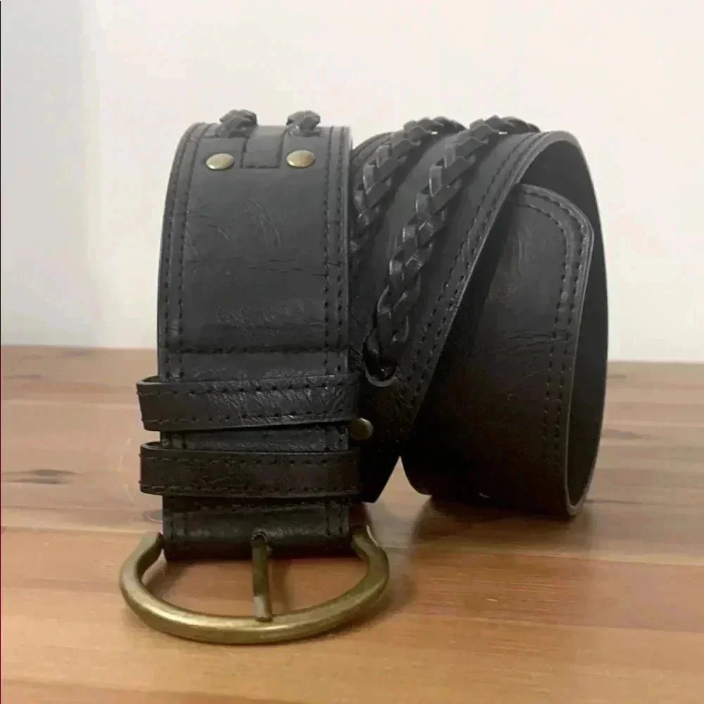 Black Faux Leather Belt w Bronxe Hardware Size Small Medium